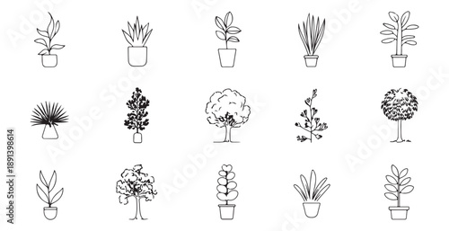 Collection of fifteen diverse potted plants and trees in line art vector icons for natural themes