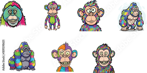 Funky, colorful monkey and gorilla illustrations in a variety of poses and expressions