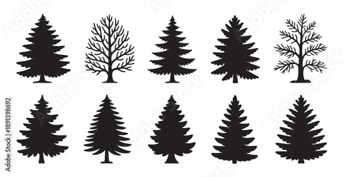 Assortment of evergreen trees and deciduous trees in silhouette for nature designs