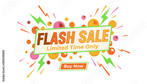 Vibrant advertisement with flash sale announcement featuring explosive shapes and bold typography in a lively promotional graphic illustration