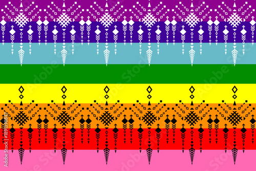 Rainbow geometric pattern with stylized human symbols inspired by folk art, representing love, equality, and LGBTQ+ pride. Perfect for textile prints, wallpapers, backgrounds, and modern vector 