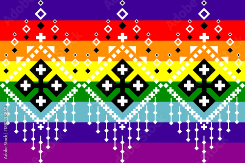 Rainbow geometric pattern with stylized human symbols inspired by folk art, representing love, equality, and LGBTQ+ pride. Perfect for textile prints, wallpapers, backgrounds, and modern vector 