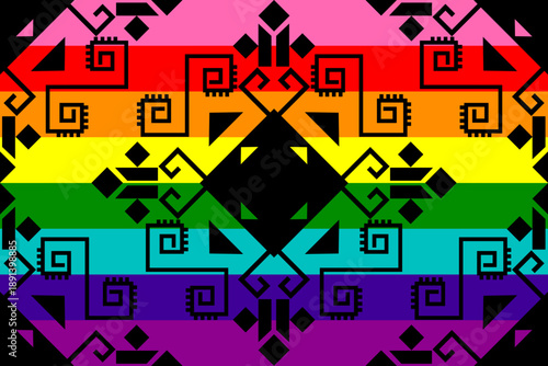 Rainbow geometric pattern with stylized human symbols inspired by folk art, representing love, equality, and LGBTQ+ pride. Perfect for textile prints, wallpapers, backgrounds, and modern vector 