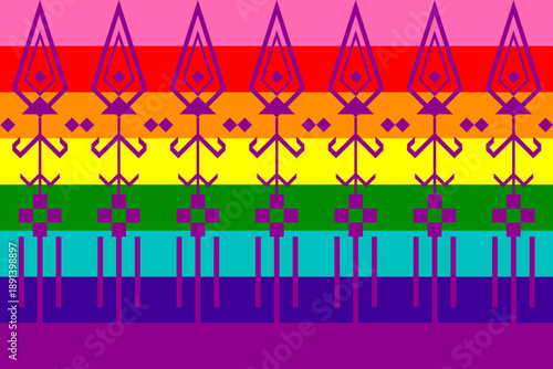 Rainbow geometric pattern with stylized human symbols inspired by folk art, representing love, equality, and LGBTQ+ pride. Perfect for textile prints, wallpapers, backgrounds, and modern vector 