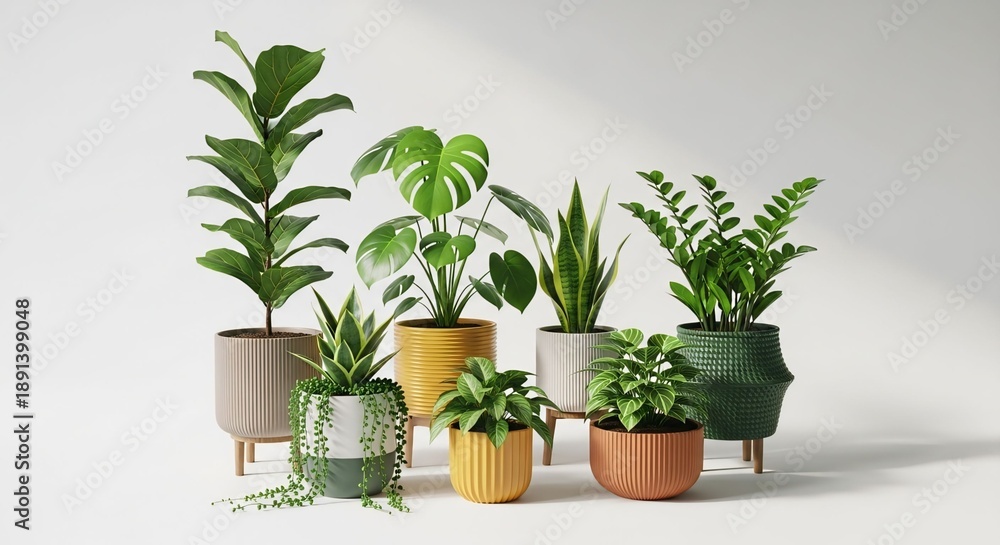 Fototapeta premium Collection of various potted houseplants including Fiddle Leaf Fig and Monstera in modern decorative pots isolated on a white background for interior design