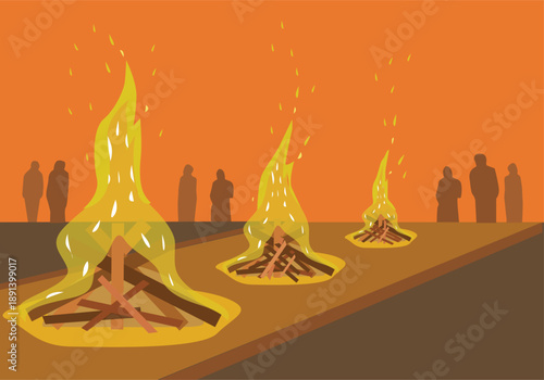 Open air cremation or funeral pyre concept. Editable Clip Art.