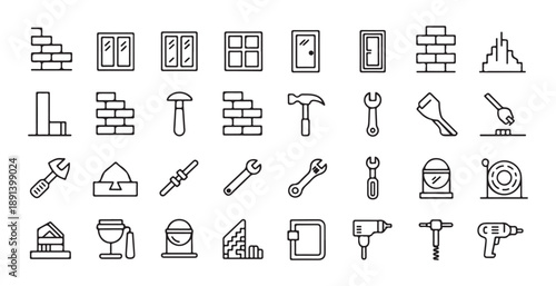 Set of construction tools icons, building materials outline, construction outline icon