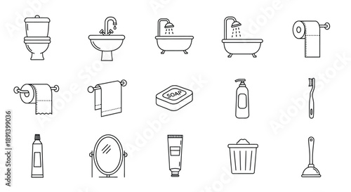 A collection of line art icons representing bathroom fixtures and accessories is displayed.