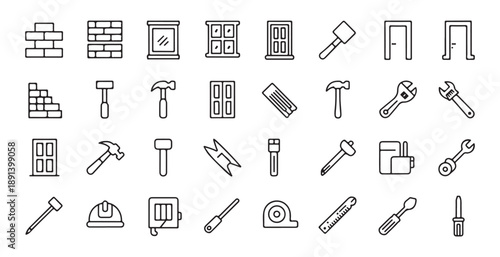 Construction tool icons set featuring hammer wrench screwdriver bricks and various hardware elements