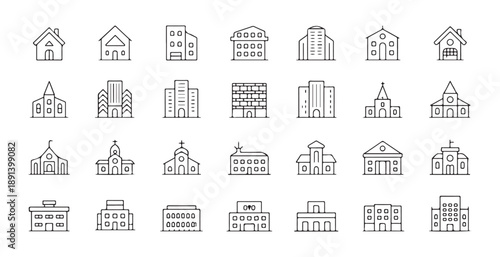Architecture building icons featuring houses offices churches and government structures in line art