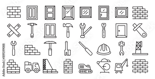 Industrial machinery and construction equipment icons including cranes trucks and building materials