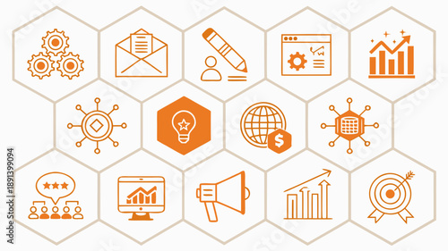 Finance management icons collection featuring flat solid symbols for business and financial concepts in a hexagonal grid layout