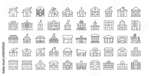 Public building icons set including schools hospitals shops stores municipal offices and workplaces