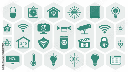 Collection of eco-friendly technology icons in a hexagonal grid representing sustainability and modern innovations