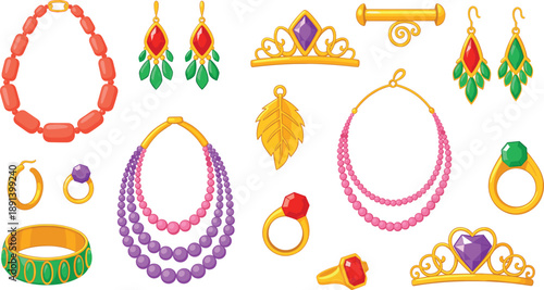 Luxury jewelry vector set with crowns, necklaces, earrings, rings, bracelets and gemstones in royal cartoon style illustration