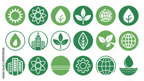 Collection of green icons representing finance management and sustainability concepts in a grid layout from a straightforward viewpoint