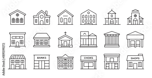 Town building icons collection featuring banks shops houses municipal offices and public marketplaces