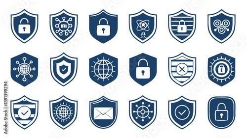 Collection of security icons representing various aspects of protection and safety in a flat solid design