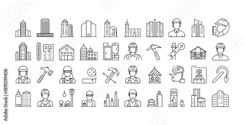 Construction workers and buildings, tools and plans, architecture and urban development, industry icons