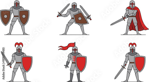Medieval knight warrior vector set with sword, shield and armor characters in different battle poses illustration