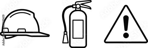 Construction safety icons: hard hat, fire extinguisher, and warning triangle with exclamation mark.