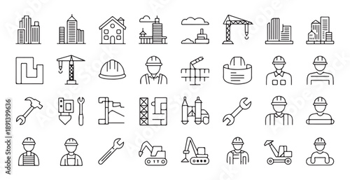 Set of construction icons, building outline, construction worker linear icon, editable stroke