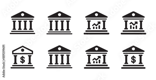 Various bank and finance building icons with different architectural styles and graphical elements