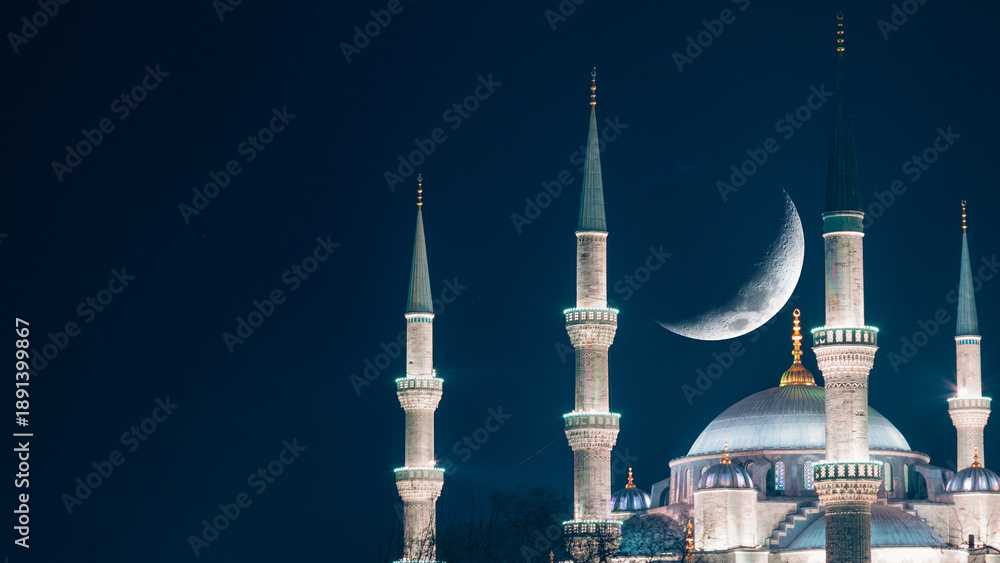 Fototapeta premium Blue Mosque and crescent moon. Ramadan or islamic concept