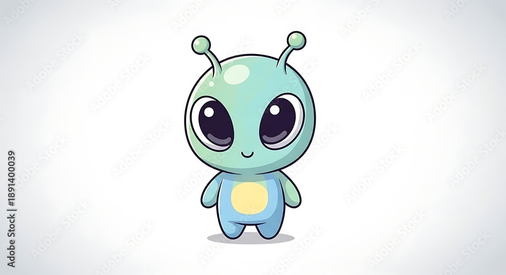 Fototapeta premium Cute cartoon alien character with big eyes and antennae standing alone