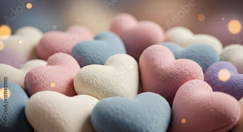Close-up of many soft pastel heart-shaped candies or marshmallows with bokeh lights.