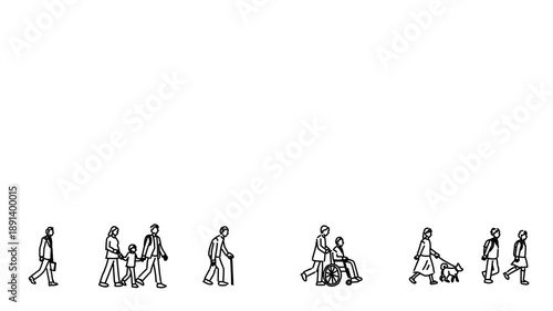 手描きの歩く人々横向きループアルファチャンネル