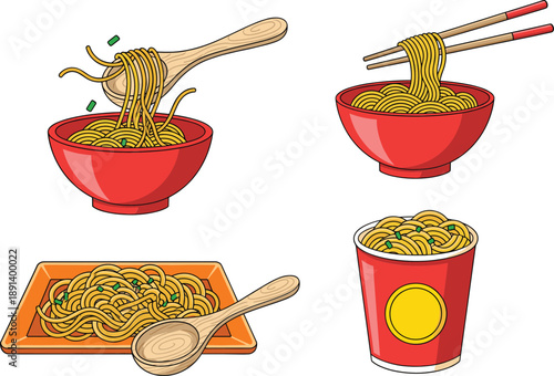 Noodle food vector set with bowls, chopsticks, spoon and takeout cup for Asian meal illustration