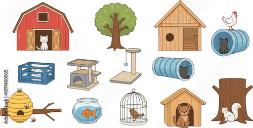 Pet and farm animal shelter vector set with barn, cages, cat house, dog kennel and accessories illustration