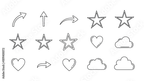 Vector Icon Set: A carefully curated set of essential vector icons, including stars, arrows, hearts, and clouds, ideal for a wide range of design projects, websites, or presentations. 