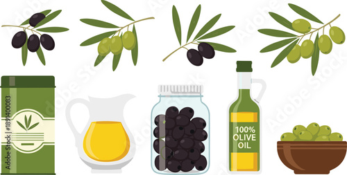 Olive oil and olives vector set with branches, green and black fruits, jar and bottle illustration