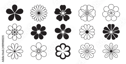 Minimalist flower icons set monochrome floral symbols nature vector design element collection graphic