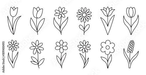 Simple cartoon flower icons for web and mobile apps showing various blossom shapes in black outlines
