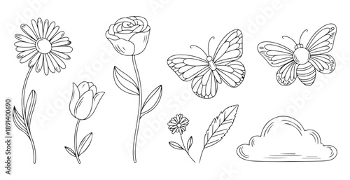 Hand drawn floral elements and butterflies with cloud in outline style for spring and summer design