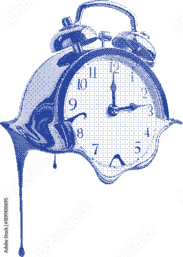 Halftone melting alarm clock surreal time concept illustration in blue halftone style