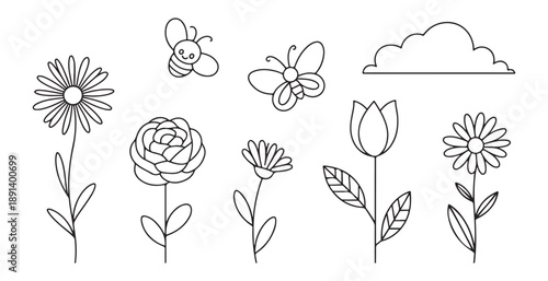 Spring and summer nature elements, hand drawn outline flowers, bees, butterflies, cloud, and leaves