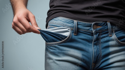 Empty Pocket: Depicting financial hardship, a person's hand reaches into an empty pocket, symbolizing economic struggles and a lack of resources.