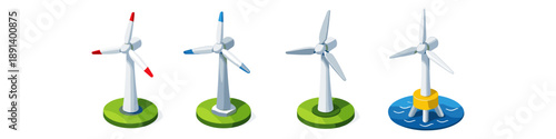 Set of four isometric wind turbines, representing different types of renewable energy generation