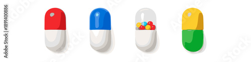 Collection of colorful pharmaceutical capsules and pills on a white background