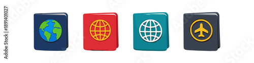 Collection of colorful passports with globe and airplane icons for travel and identification