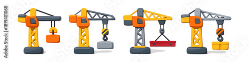 Collection of four cartoon construction tower cranes lifting building materials