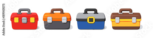 Collection of colorful toolboxes with handles and latches on a white background