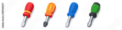Collection of colorful screwdrivers with metal shafts and ergonomic handles
