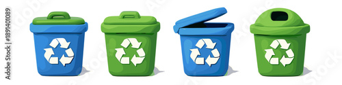 Collection of colorful recycling bins with the universal recycling symbol displayed prominently