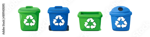 Collection of four colorful recycling bins with the universal recycling symbol on each