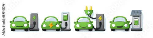 Cute green electric cars charging at stations, some with solar power